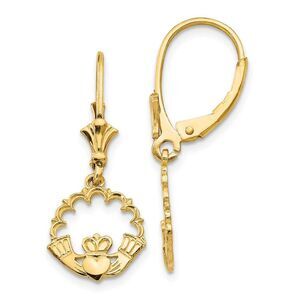 10mm Scalloped Claddagh Lever Back Earrings in 14k Yellow Gold